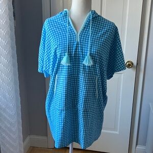 Blue terry cloth hooded coverup swim dress with tassels S/M